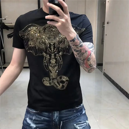 S-6XL Streetwear Men Diamonds Summer Mens Rhinestones   anime Graphic  T Shirt Male  Fashion  cotton Tees Casual   Tops
