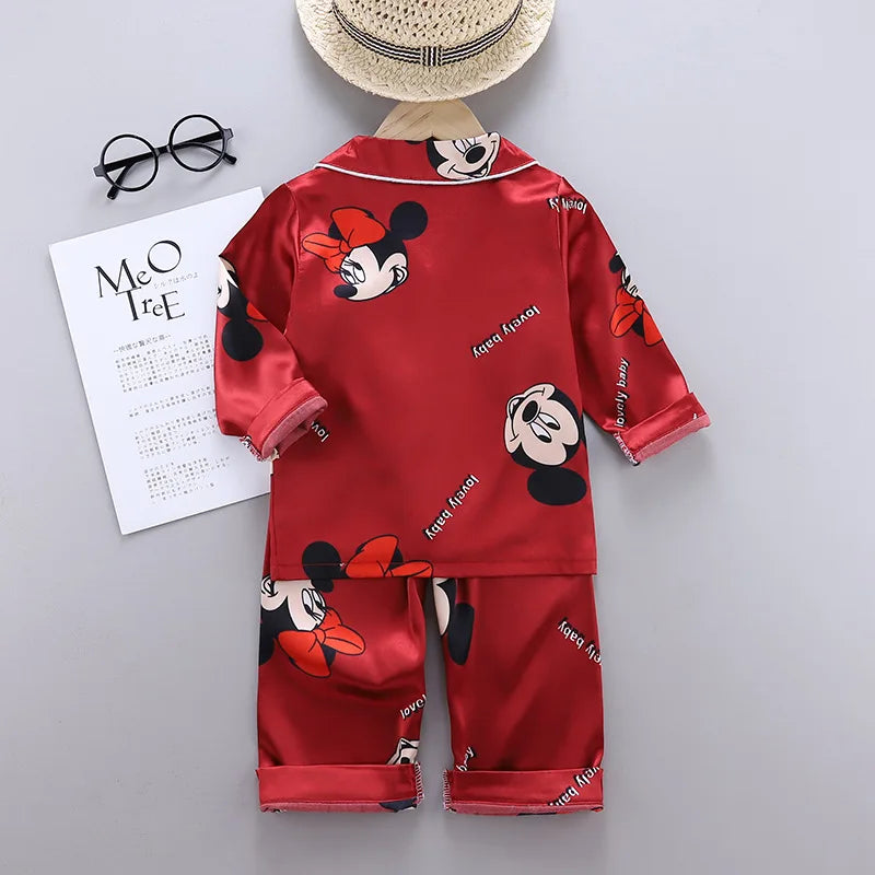 Disney Mickey Mouse Children Pajamas Suit Silk Satin Long Sleeve Top+Trousers 2Pcs Baby Boys Girls Cartoon Satin Set Nightgown