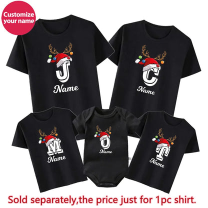 Christmas Family Matching Shirts Custom Initial with Name Mom Dad Kids Tshirt Baby Outfits Holiday Girl Boy Clothes
