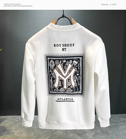 Sweater men's autumn and winter 2024 new fashion high-end trend light luxury printing loose round neck long sleeve top