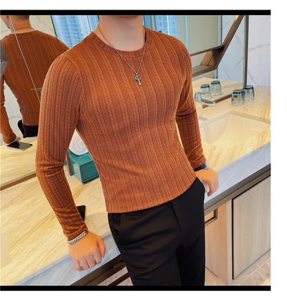 Spring Autumn Men's O-Neck Casual T-Shirts Fashion Slim Fit Long Sleeve Solid Color Tees Tops Men Elastic Stripe Pullover Tshirt