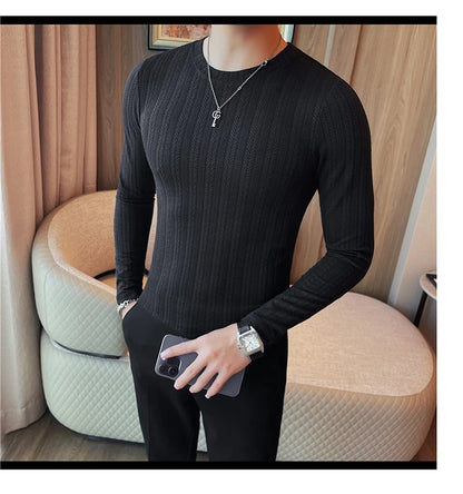 Spring Autumn Men's O-Neck Casual T-Shirts Fashion Slim Fit Long Sleeve Solid Color Tees Tops Men Elastic Stripe Pullover Tshirt