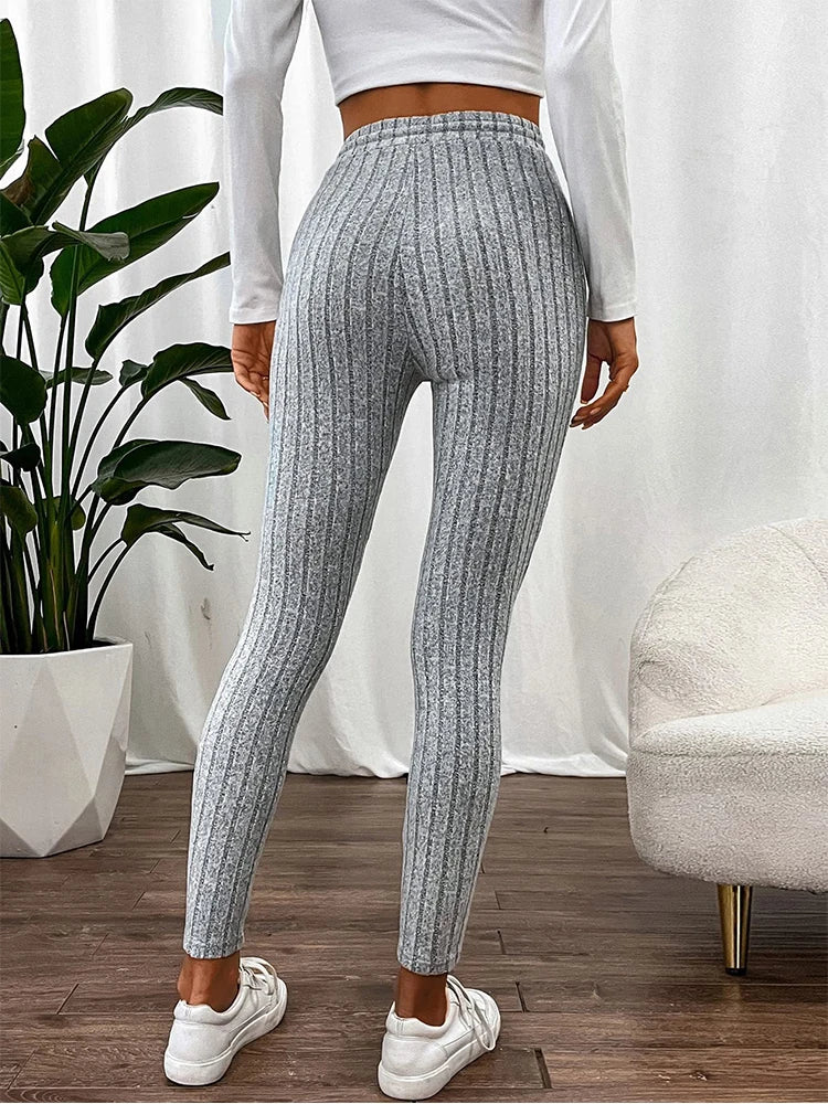 Autumn Warm Drawstring Striped Solid Color Women Leggings Elastic Slim Sports Legging Fashion Daily Woman Comfortable Clothes