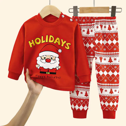 Christmas Kids Sets Cotton  Long Sleeve  Winter Tops Pants Suits Santa Claus Christmas