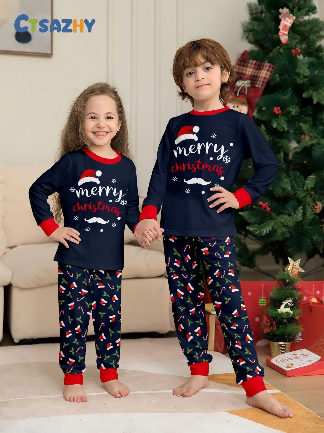 Christmas Family Matching Outfits Mother Father Kids Pajamas Set Santa Hat Print