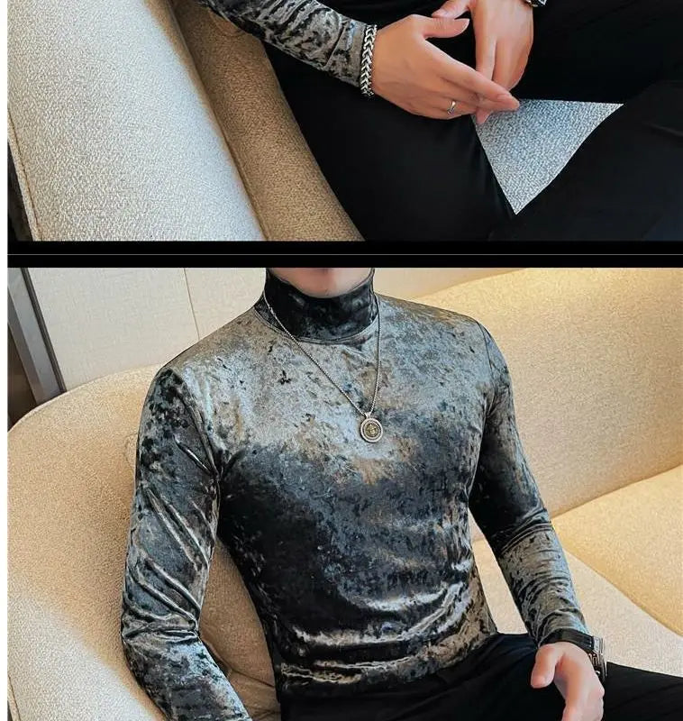 Korean Fashion Men Velvet T-Shirts Spring Autumn Mock Neck Solid Trend Versatile Long Sleeve Loose Pullovers Bottoming Shirt Top