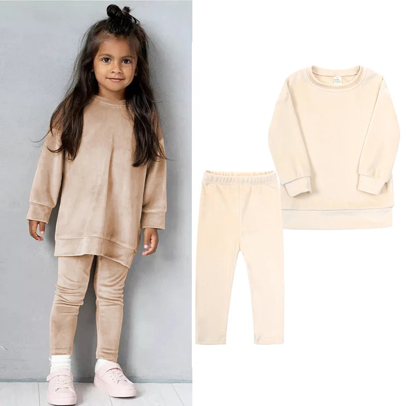 2024 Spring Kids Girl Velvet Suit Long Sleeve Pants Solid Clothes For Infant lover Sweatshirt Set Teenage Outfits