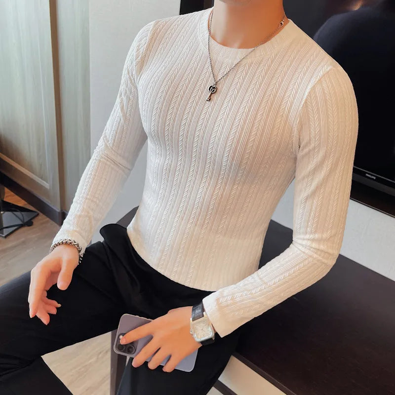 Spring Autumn Men's O-Neck Casual T-Shirts Fashion Slim Fit Long Sleeve Solid Color Tees Tops Men Elastic Stripe Pullover Tshirt