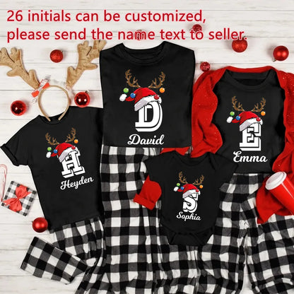 Christmas Family Matching Shirts Custom Initial with Name Mom Dad Kids Tshirt Baby Outfits Holiday Girl Boy Clothes