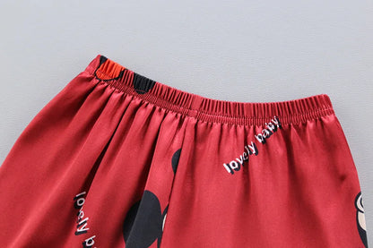Disney Mickey Mouse Children Pajamas Suit Silk Satin Long Sleeve Top+Trousers 2Pcs Baby Boys Girls Cartoon Satin Set Nightgown