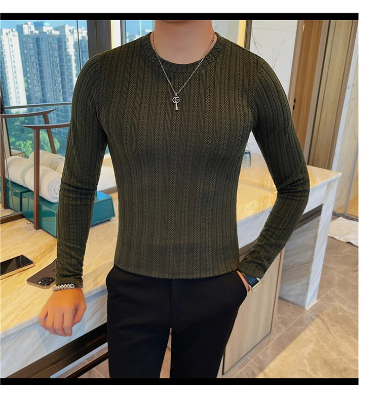 Spring Autumn Men's O-Neck Casual T-Shirts Fashion Slim Fit Long Sleeve Solid Color Tees Tops Men Elastic Stripe Pullover Tshirt