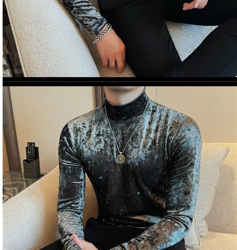 Korean Fashion Men Velvet T-Shirts Spring Autumn Mock Neck Solid Trend Versatile Long Sleeve Loose Pullovers Bottoming Shirt Top