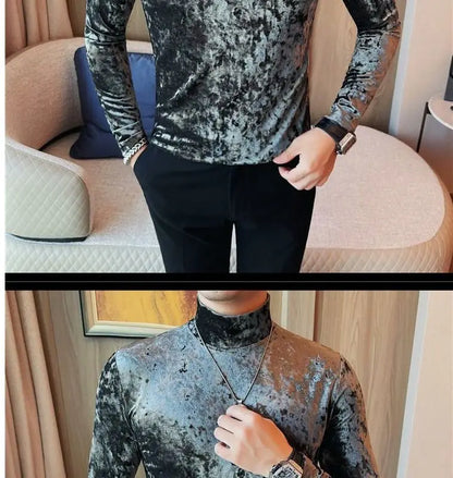 Korean Fashion Men Velvet T-Shirts Spring Autumn Mock Neck Solid Trend Versatile Long Sleeve Loose Pullovers Bottoming Shirt Top