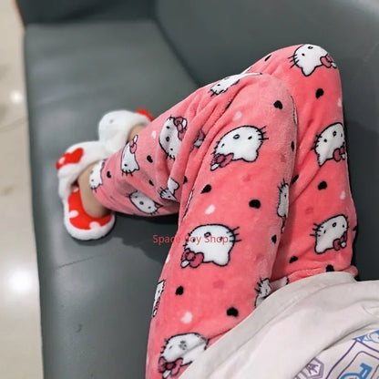 Thicken Hello Kitty Pajama Pants Sanrio Anime Fleece Double Elastic Fabric Soft Trousers Women Trousers Cartoon Birthday Gift