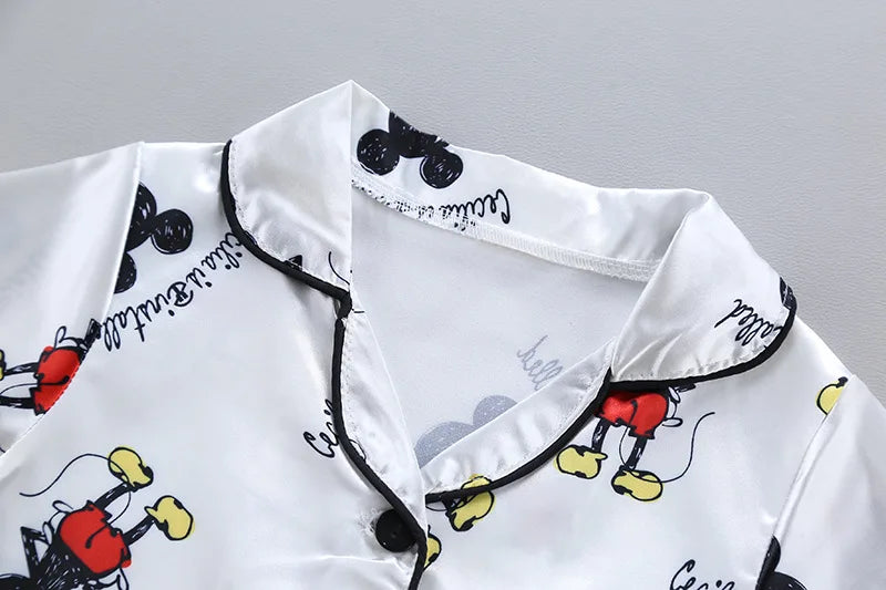 Disney Mickey Mouse Children Pajamas Suit Silk Satin Long Sleeve Top+Trousers 2Pcs Baby Boys Girls Cartoon Satin Set Nightgown
