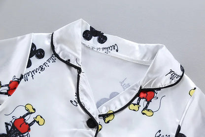 Disney Mickey Mouse Children Pajamas Suit Silk Satin Long Sleeve Top+Trousers 2Pcs Baby Boys Girls Cartoon Satin Set Nightgown