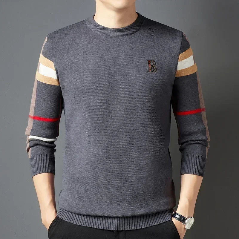 Men's Sweater Knitted Pullover Soft Warm Striped Checker Round Neck  Casual Fashion