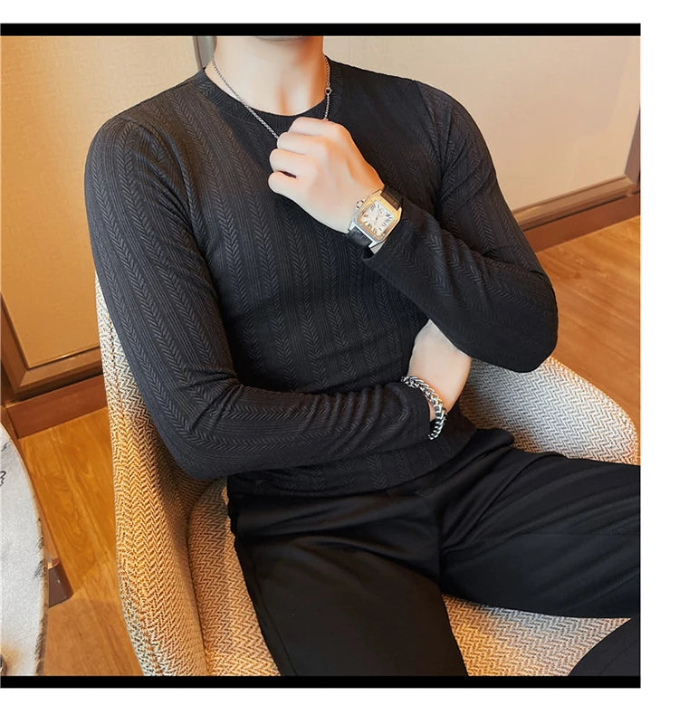 Spring Autumn Men's O-Neck Casual T-Shirts Fashion Slim Fit Long Sleeve Solid Color Tees Tops Men Elastic Stripe Pullover Tshirt