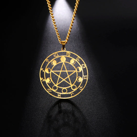 Constellation Moon Phase Pentagram Triple Circle Pendant Necklace for Men Women Fashion Stainless Steel Gold Color Necklace Gift