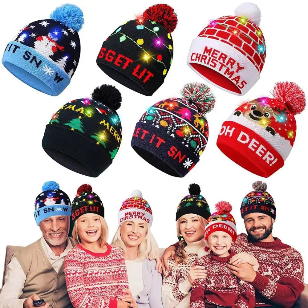 LED Christmas Knitted Hat Light Up Xmas Beanie Cap Unisex Winter Beanie Sweater Hat with Colorful LEDs for Christmas New Year