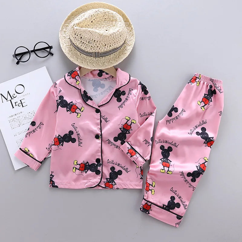 Disney Mickey Mouse Children Pajamas Suit Silk Satin Long Sleeve Top+Trousers 2Pcs Baby Boys Girls Cartoon Satin Set Nightgown