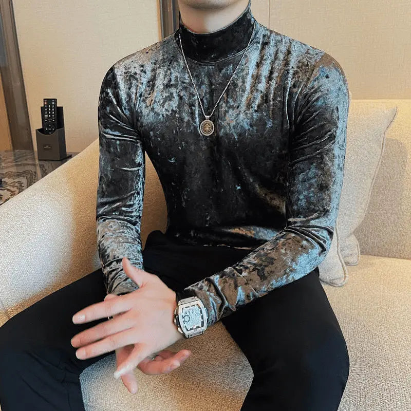 Korean Fashion Men Velvet T-Shirts Spring Autumn Mock Neck Solid Trend Versatile Long Sleeve Loose Pullovers Bottoming Shirt Top