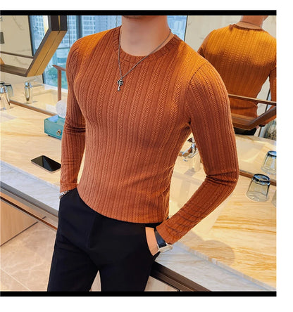 Spring Autumn Men's O-Neck Casual T-Shirts Fashion Slim Fit Long Sleeve Solid Color Tees Tops Men Elastic Stripe Pullover Tshirt