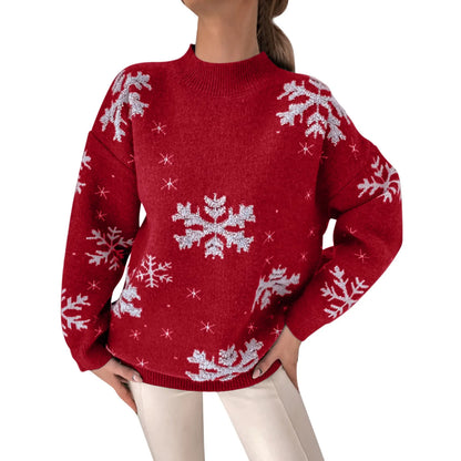 2024 New Year Christmas Red Women's Knitted Sweater Funny Christmas Snowflake Print Half High Neck Basic Xmas Party Sweaters