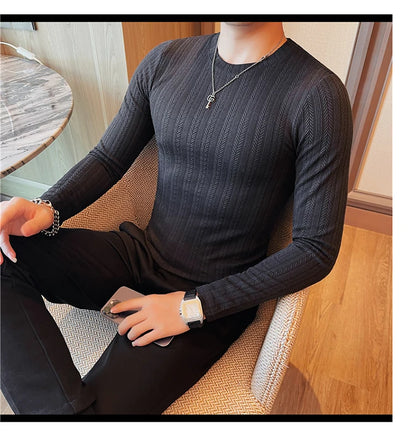 Spring Autumn Men's O-Neck Casual T-Shirts Fashion Slim Fit Long Sleeve Solid Color Tees Tops Men Elastic Stripe Pullover Tshirt