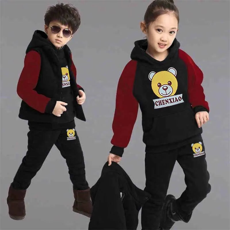 Warm Set Children's Hooded Cartoon Solid Colour 3 Pcs Girls Sweatshirt Cute Casual Suit 4-12Y