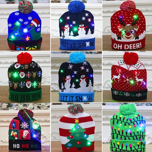 Knitted Christmas Hat Adult Child Santa Hat with LED Light