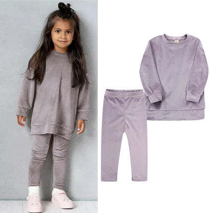 2024 Spring Kids Girl Velvet Suit Long Sleeve Pants Solid Clothes For Infant lover Sweatshirt Set Teenage Outfits