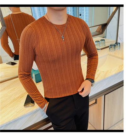 Spring Autumn Men's O-Neck Casual T-Shirts Fashion Slim Fit Long Sleeve Solid Color Tees Tops Men Elastic Stripe Pullover Tshirt