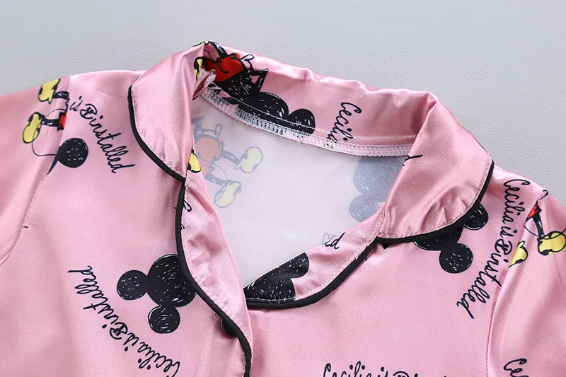 Disney Mickey Mouse Children Pajamas Suit Silk Satin Long Sleeve Top+Trousers 2Pcs Baby Boys Girls Cartoon Satin Set Nightgown