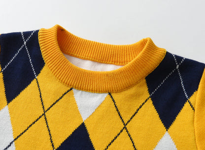 boy warm sweater plaid lattice long -sleeved sweater college style baby boy knit sweater