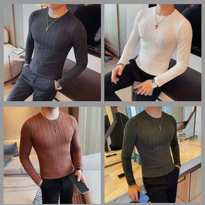 Spring Autumn Men's O-Neck Casual T-Shirts Fashion Slim Fit Long Sleeve Solid Color Tees Tops Men Elastic Stripe Pullover Tshirt