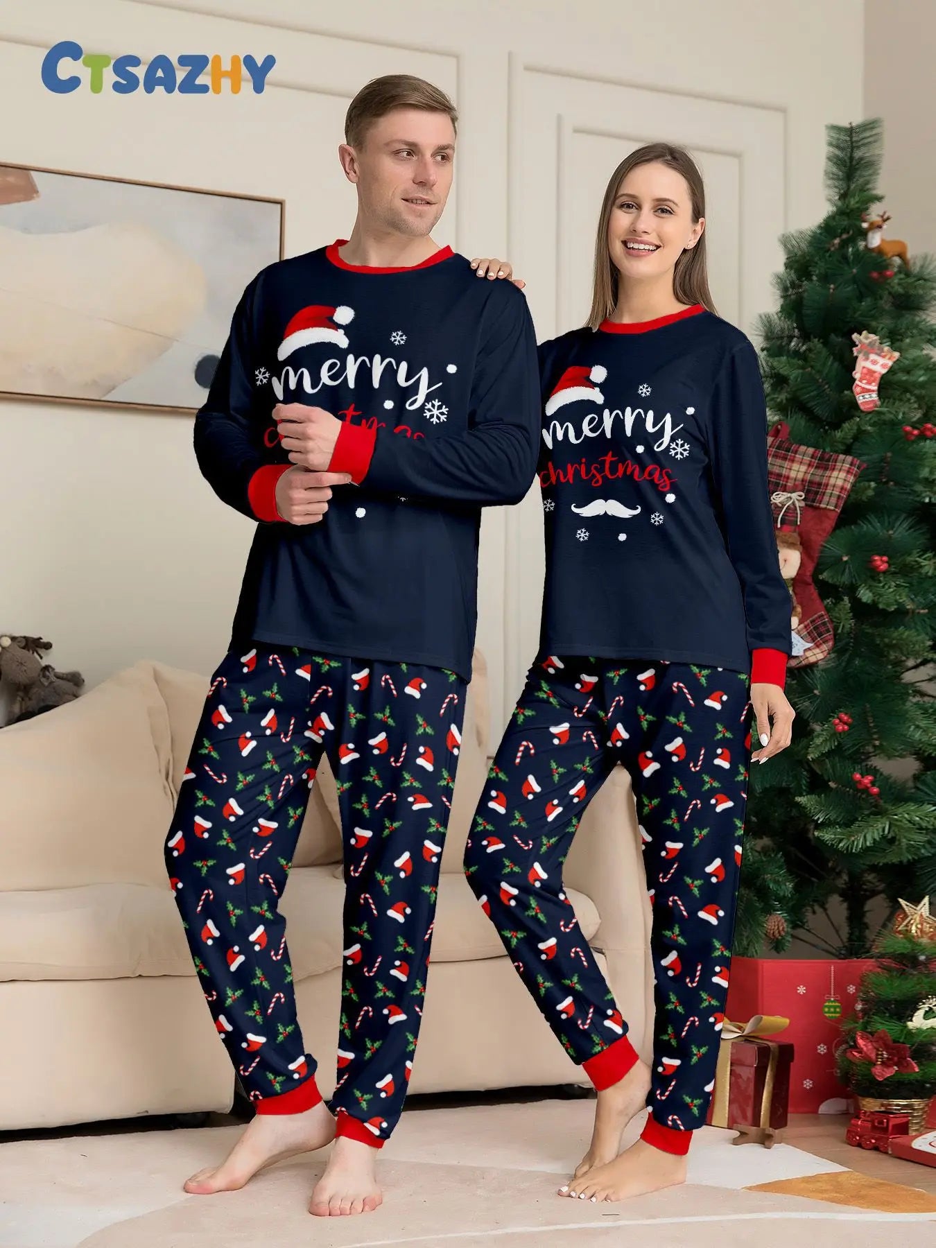 Christmas Family Matching Outfits Mother Father Kids Pajamas Set Santa Hat Print