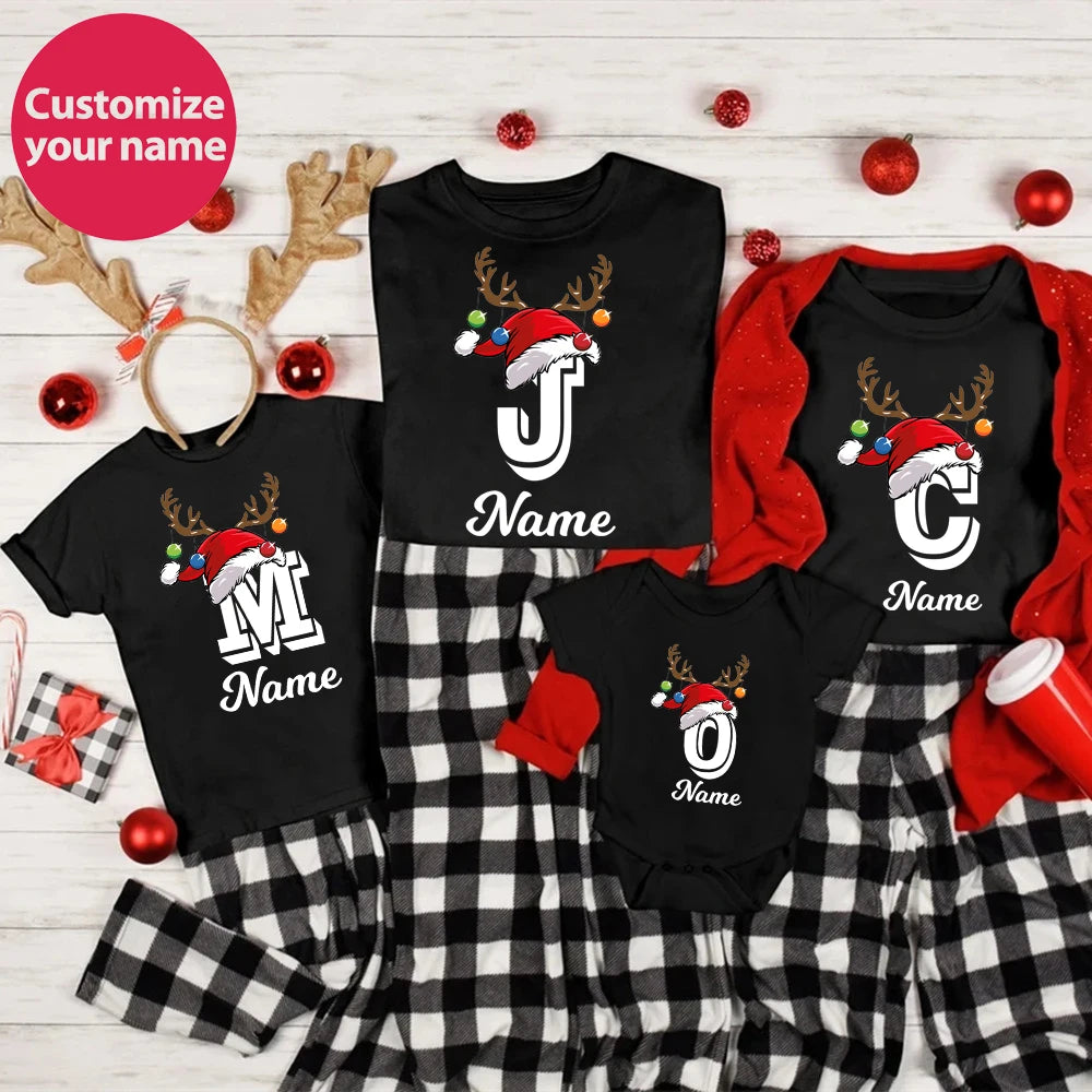Christmas Family Matching Shirts Custom Initial with Name Mom Dad Kids Tshirt Baby Outfits Holiday Girl Boy Clothes