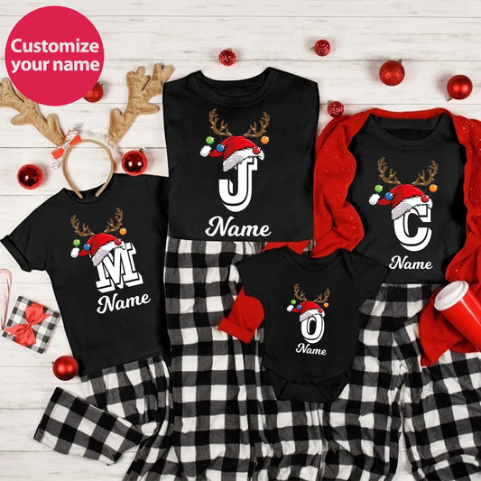 Christmas Family Matching Shirts Custom Initial with Name Mom Dad Kids Tshirt Baby Outfits Holiday Girl Boy Clothes