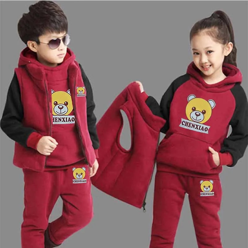 Warm Set Children's Hooded Cartoon Solid Colour 3 Pcs Girls Sweatshirt Cute Casual Suit 4-12Y