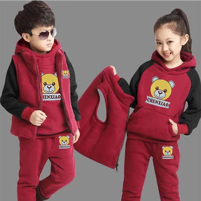 Warm Set Children's Hooded Cartoon Solid Colour 3 Pcs Girls Sweatshirt Cute Casual Suit 4-12Y