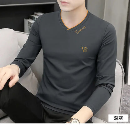 Korean Fashion Elegant Autumn T-shirt Men Loose Casual Sports Chic Solid Color Tee Y2K Hipster Street Casual Top Male Clothes