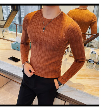 Spring Autumn Men's O-Neck Casual T-Shirts Fashion Slim Fit Long Sleeve Solid Color Tees Tops Men Elastic Stripe Pullover Tshirt