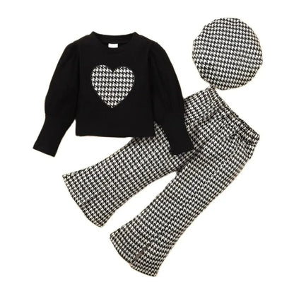 3PCS Autumn Kids Girl Clothing Set Heart Pattern Long Sleeve Hoodie+Plaid Pants+Hat Korean Fashion Outfit for Children 1-6 Years