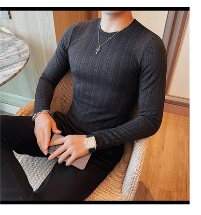 Spring Autumn Men's O-Neck Casual T-Shirts Fashion Slim Fit Long Sleeve Solid Color Tees Tops Men Elastic Stripe Pullover Tshirt