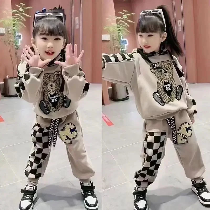 Girls Clothing Set Cartoon  Bear Pattern Hoodies Sweatshirt+ Pants 2Pcs Outfit Suit For 2-8 Years Kids