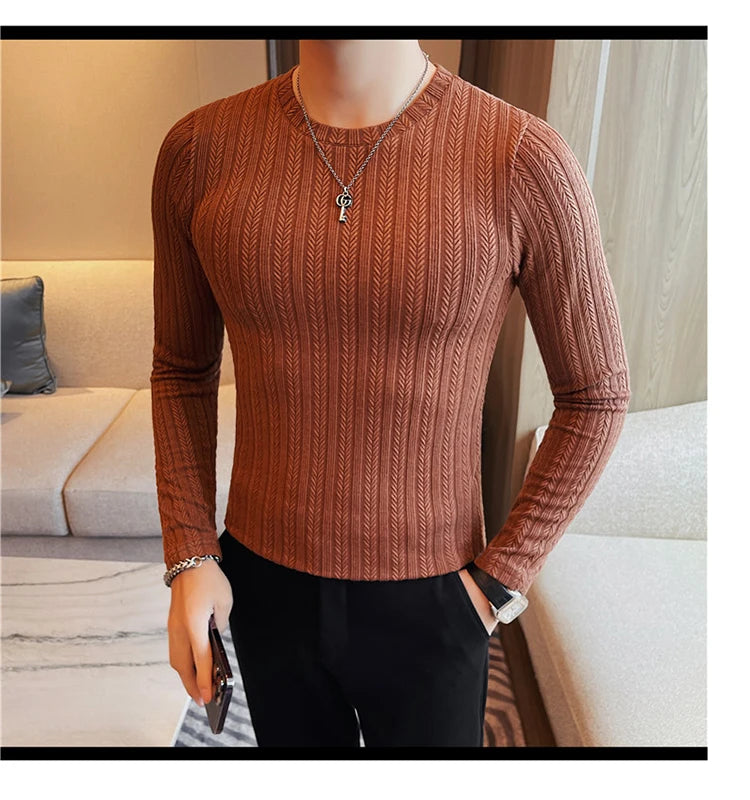 Spring Autumn Men's O-Neck Casual T-Shirts Fashion Slim Fit Long Sleeve Solid Color Tees Tops Men Elastic Stripe Pullover Tshirt