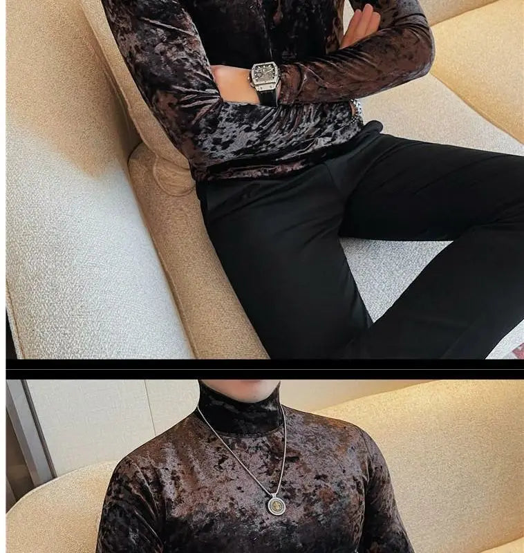 Korean Fashion Men Velvet T-Shirts Spring Autumn Mock Neck Solid Trend Versatile Long Sleeve Loose Pullovers Bottoming Shirt Top