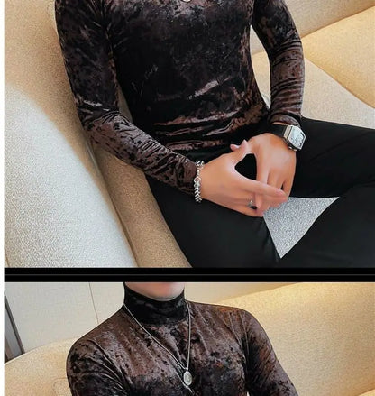 Korean Fashion Men Velvet T-Shirts Spring Autumn Mock Neck Solid Trend Versatile Long Sleeve Loose Pullovers Bottoming Shirt Top