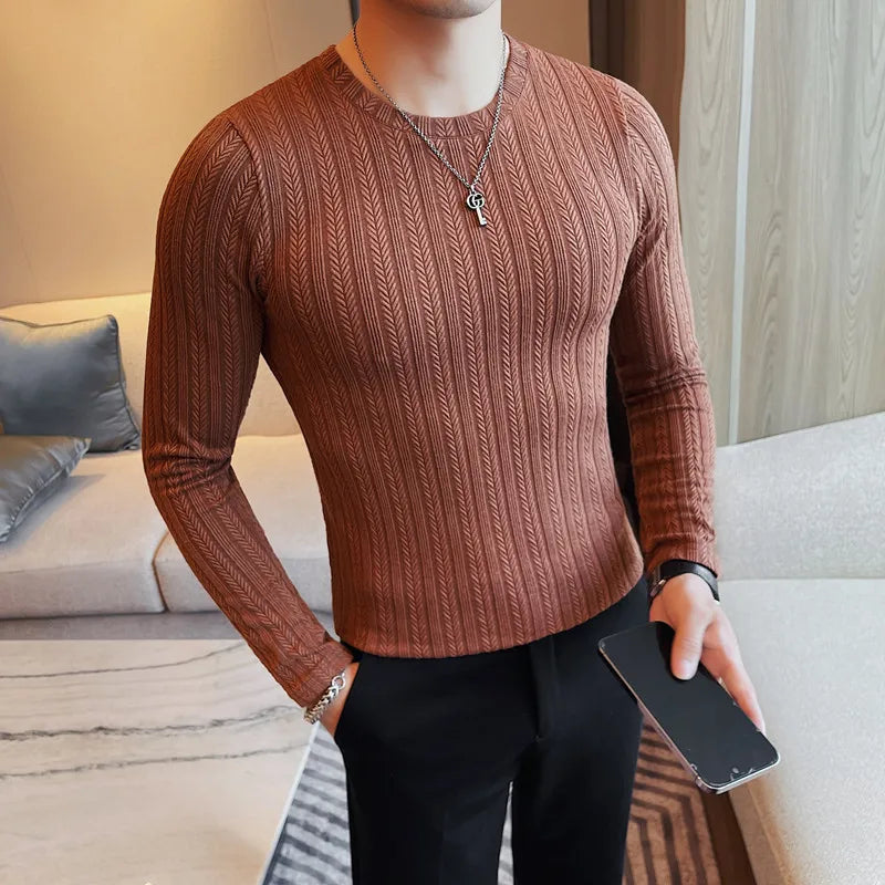 Spring Autumn Men's O-Neck Casual T-Shirts Fashion Slim Fit Long Sleeve Solid Color Tees Tops Men Elastic Stripe Pullover Tshirt